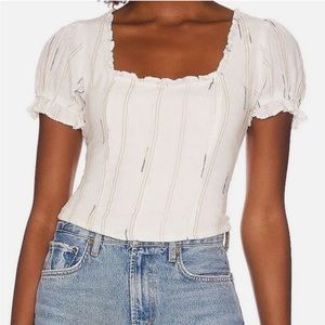Free People NWOT sz.s 
SERATONIN SMOCKED TOP SHORT PUFF SLEEVE w/RUFFLE FRINGE